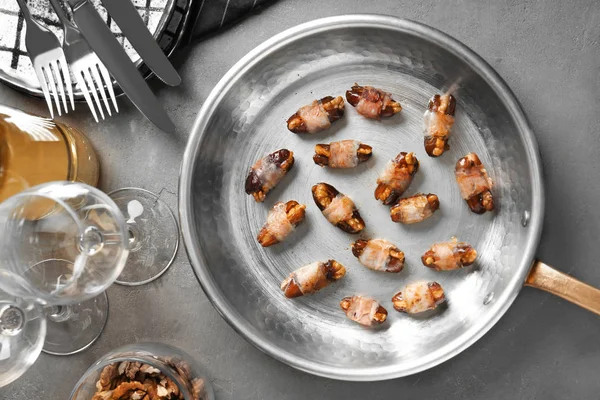 Bacon Wrapped Dates Frying Pan — Stock Photo, Image