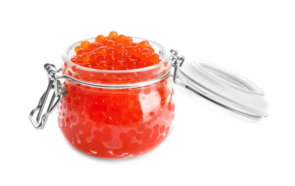 Delicioso caviar rojo en frasco de vidrio sobre fondo blanco —  Fotos de Stock