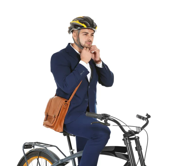 白い背景の上の自転車で若いハンサムな実業家 — ストック写真