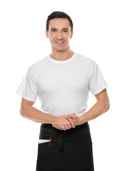 Garçom bonito em uniforme no fundo branco — Fotografia de Stock