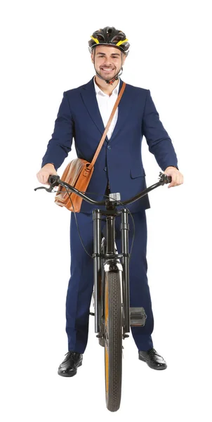 Joven hombre de negocios guapo con bicicleta sobre fondo blanco — Foto de Stock