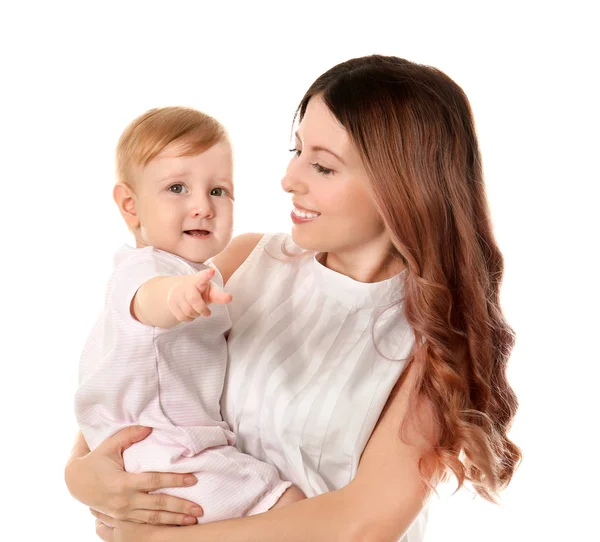 Young mother with baby on white background — Stock Photo, Image