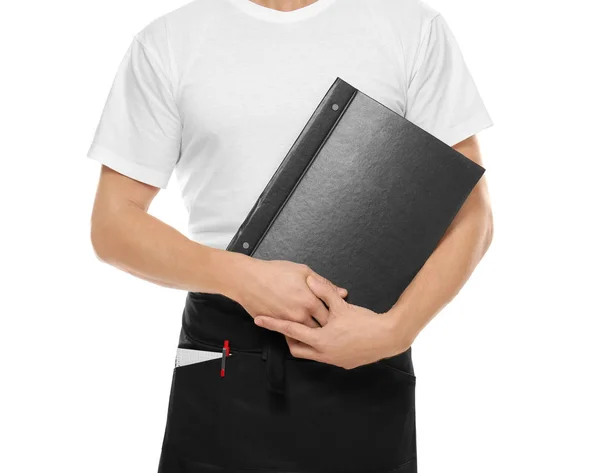 Číšníku, drží menu na bílém pozadí — Stock fotografie