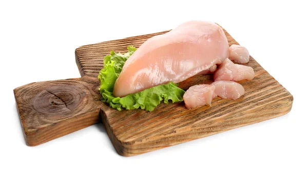 Wooden Board Raw Chicken Fillet Lettuce White Background — Stock Photo, Image