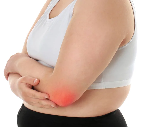 Overgewicht Vrouw Lijden Aan Pijn Elleboog Witte Achtergrond — Stockfoto