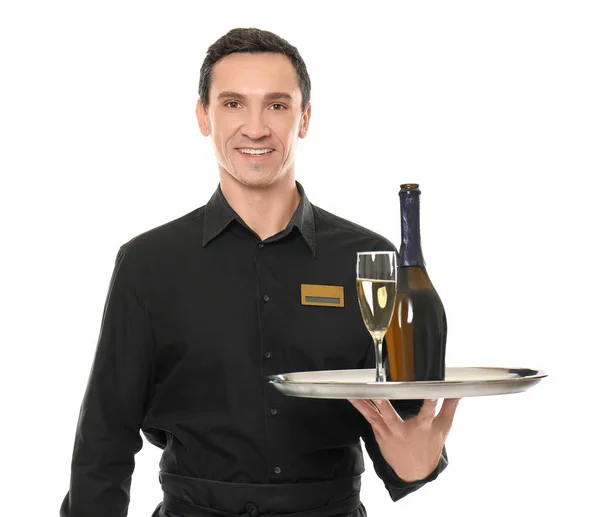 Waiter holding tray with bottle of wine on white background — Stock Photo, Image