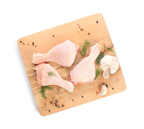 Wooden Board Raw Chicken Legs White Background — Stock Photo, Image