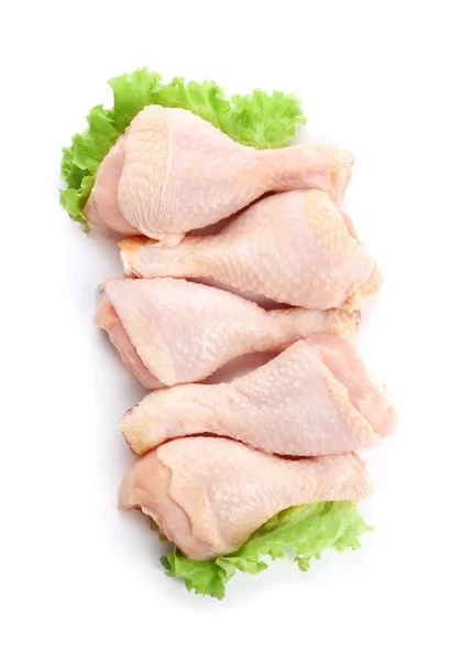 Raw Chicken Legs Lettuce White Background Royalty Free Stock Images