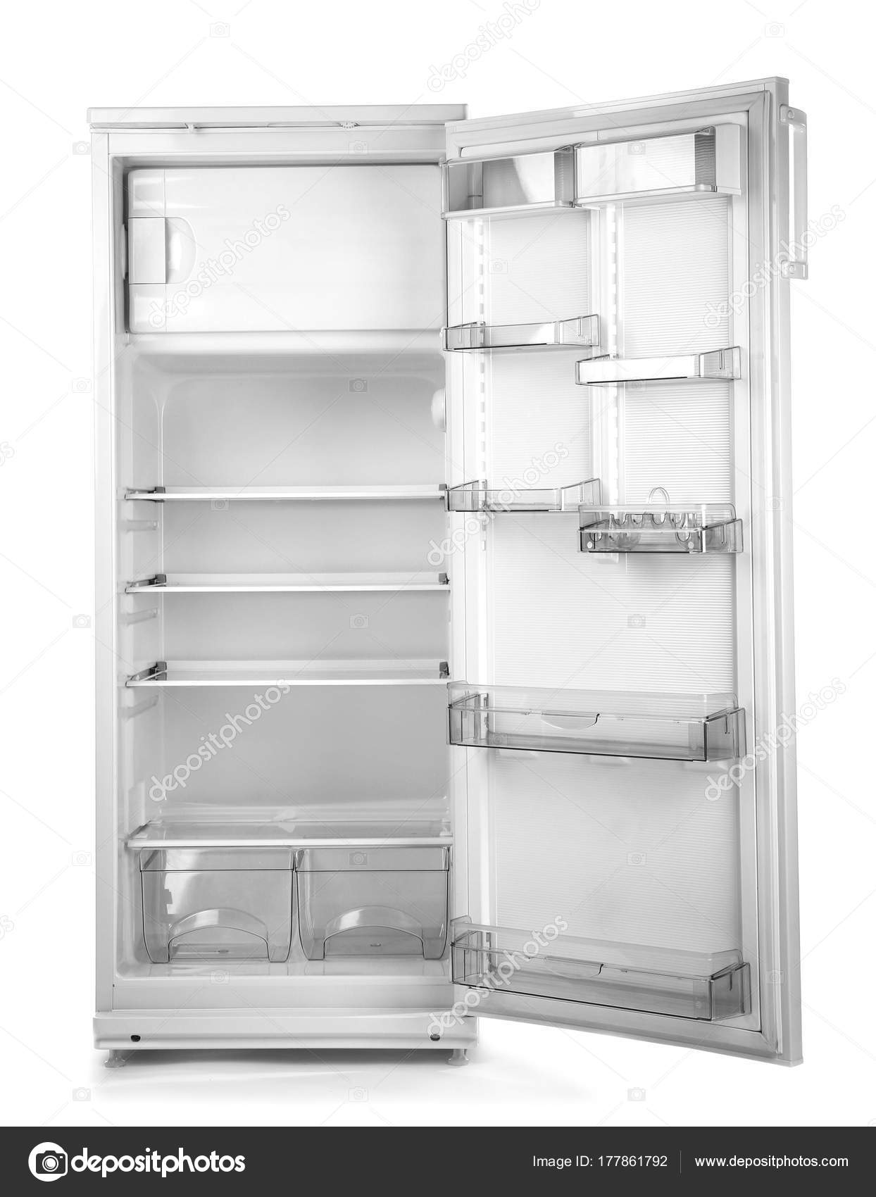 Open empty refrigerator on white background — Stock Photo © belchonock