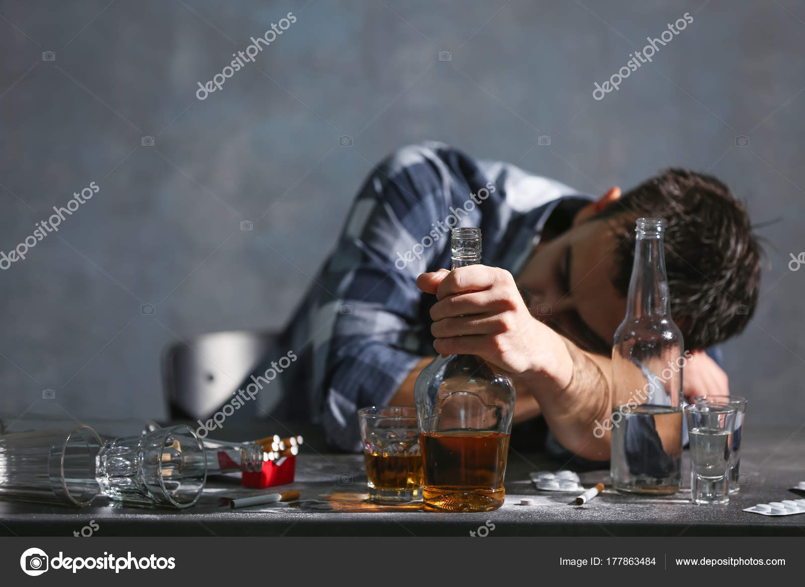 Drunk Man Sitting Table Alcohol Drugs Alcoholism Concept Stock Photo by ...