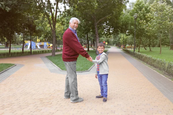 Happy senior man with grandson in park — Stock Photo, Image