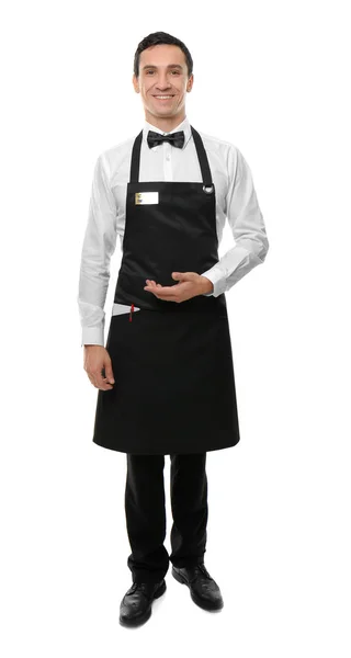 Официант в черном фартуке на белом фоне — стоковое фото