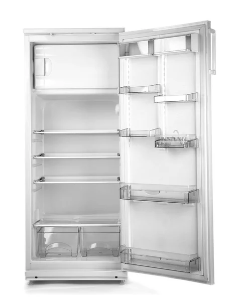 Open empty refrigerator on white background — Stock Photo, Image