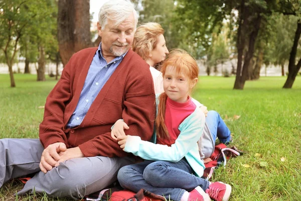 Glückliches Seniorenpaar mit Enkelin im Park — Stockfoto