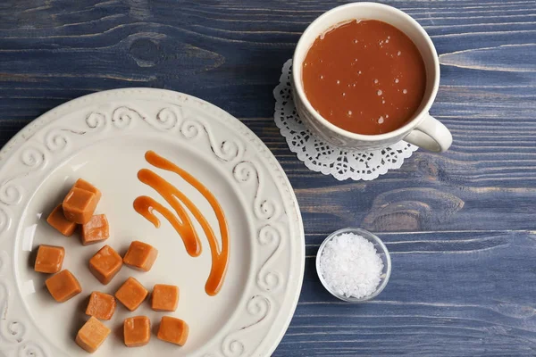 Composition Tasty Caramel Candies Wooden Background — Stock Photo, Image