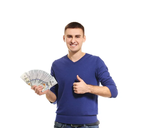 Man with money showing thumb up gesture on white background — Stock Photo, Image