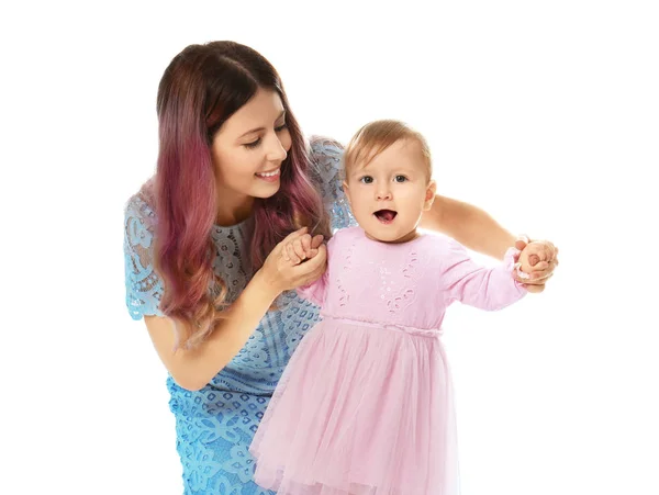 Mladá matka s dítětem na bílém pozadí — Stock fotografie