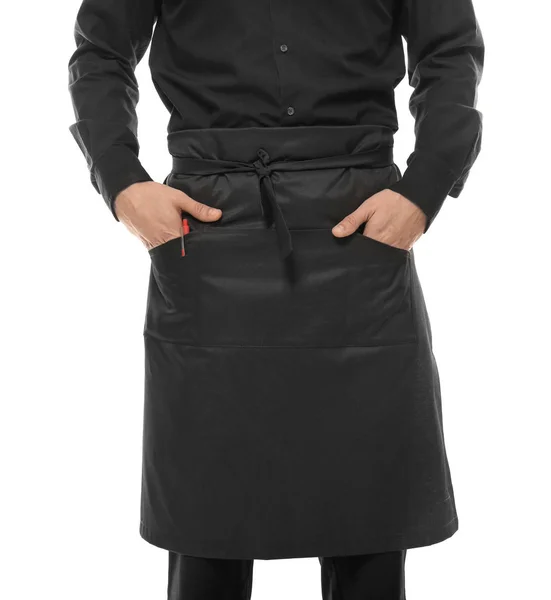 Waiter in black apron on white background — Stock Photo, Image