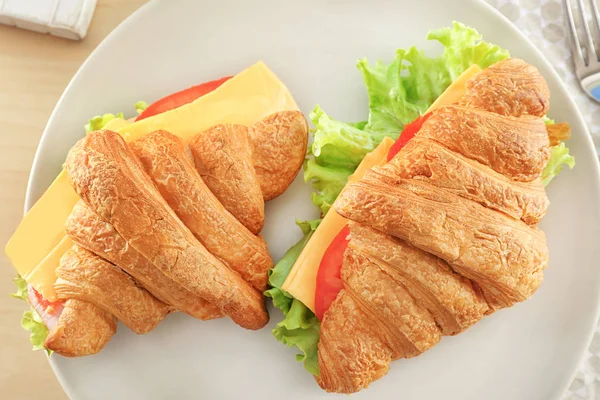 Plate Delicious Croissant Sandwiches Table Closeup — Stock Photo, Image