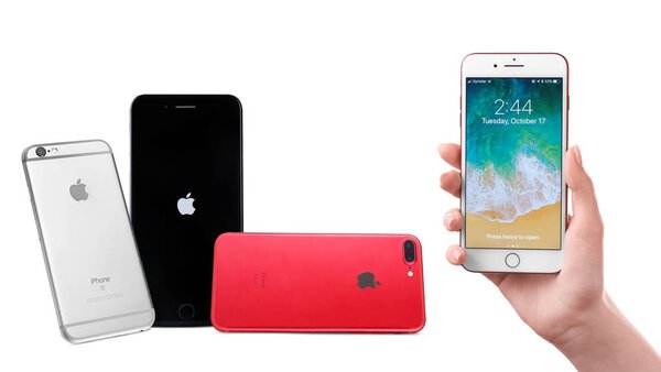 KIEV, UKRAINE - OCTOBER 09, 2017: Collage with iPhone 6s and 8 Space Gray and 7 Plus Red on white background