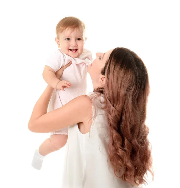 Jovem mãe com bebê no fundo branco — Fotografia de Stock