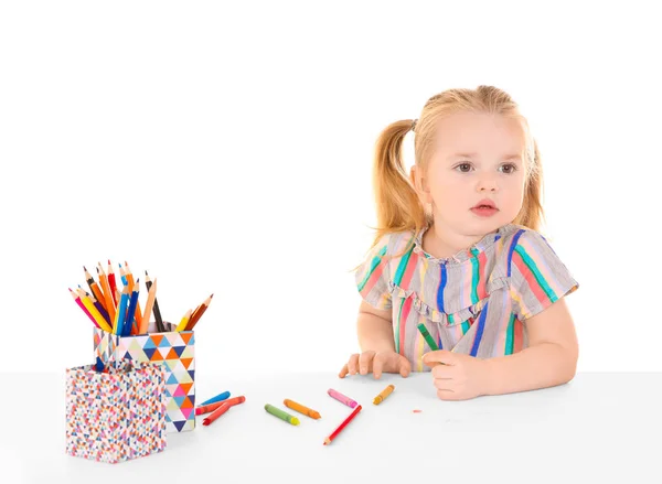 Meisje Tekening Tegen Witte Achtergrond — Stockfoto