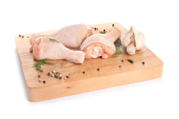 Wooden Board Raw Chicken Legs White Background — Stock Photo, Image