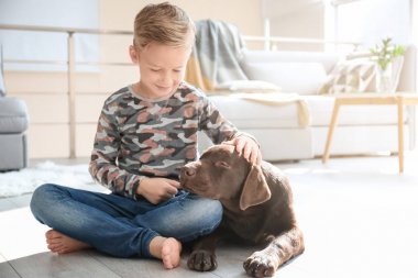 Köpek evde kat ile sevimli küçük çocuk