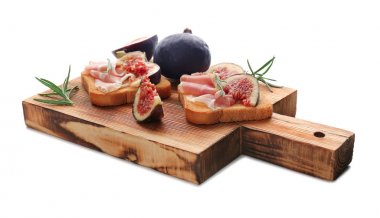 Lezzetli yemek et ve incir sandviç beyaz zemin üzerine kurulu