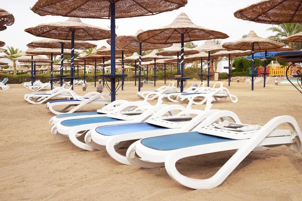 Espreguiçadeiras confortáveis na praia de areia no resort — Fotografia de Stock