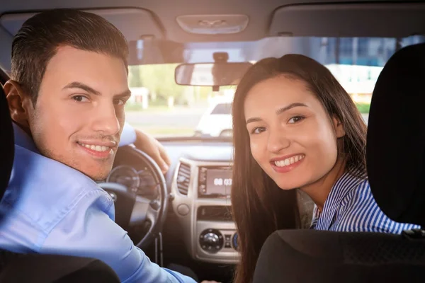 Happy Young Couple Sitting Modern Car — Stock Photo, Image
