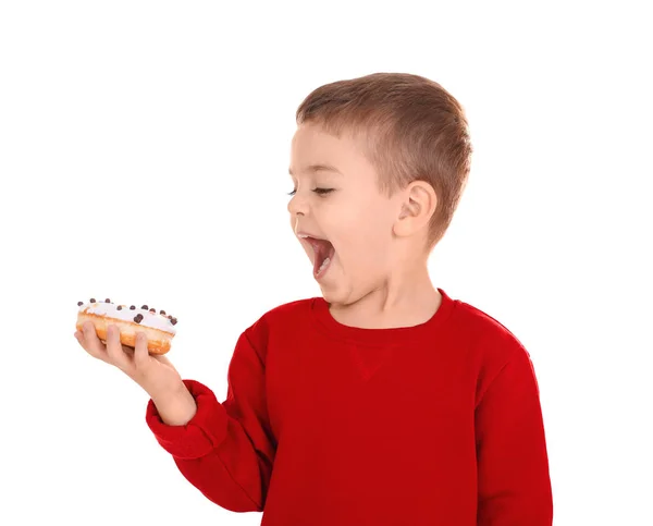Jongetje Met Zoete Donut Witte Achtergrond — Stockfoto