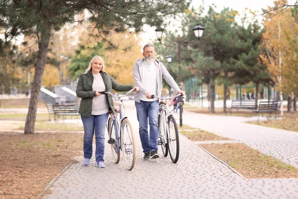 Coppia Anziana Piedi Con Biciclette Nel Parco — Foto Stock