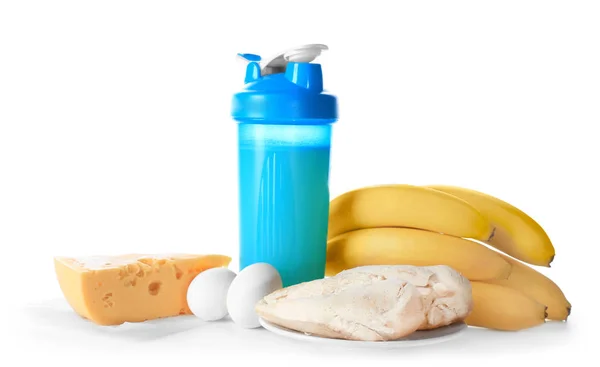 Şişe ve beyaz arka plan üzerinde ürünleri protein sallamak — Stok fotoğraf