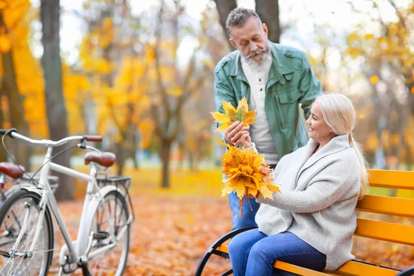 Casal Sênior Descansando Após Passeio Bicicleta Parque — Fotografia de Stock