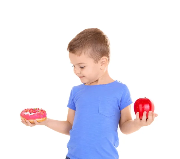 Little Boy Fresh Apple Sweet Donut White Background — Stock Photo, Image