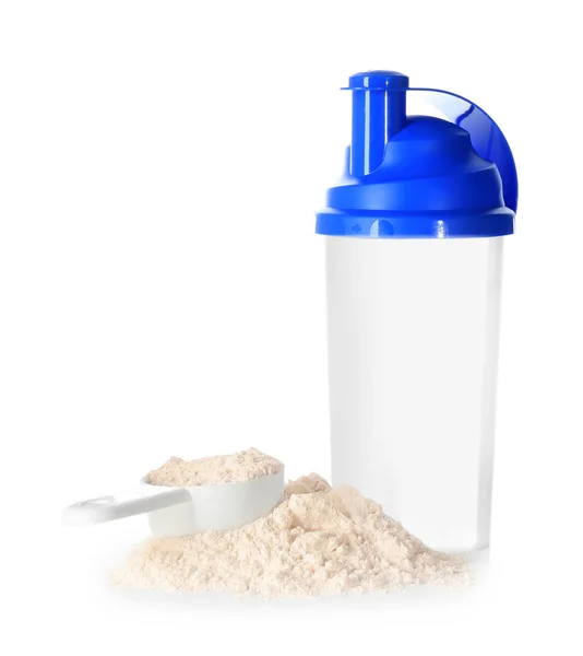 Proteinpulver och flaska på vit bakgrund — Stockfoto