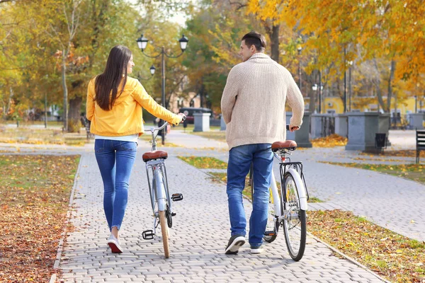 Jovem Casal Andando Com Bicicletas Parque — Fotografia de Stock