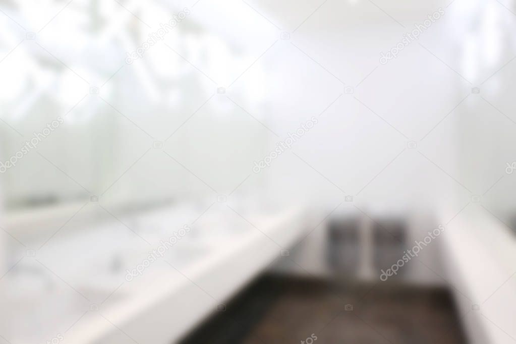 Modern sinks with mirrors in public toilet, blurred view
