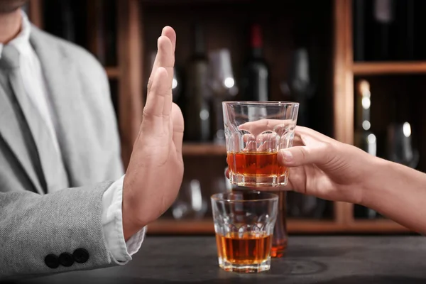 Man Rejecting Glass Alcohol Bar Healthy Lifestyle Concept — Stock Photo, Image