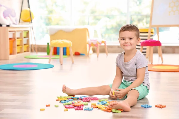 Cute Little Boy Playing Math Puzzle Home — Stock Photo, Image