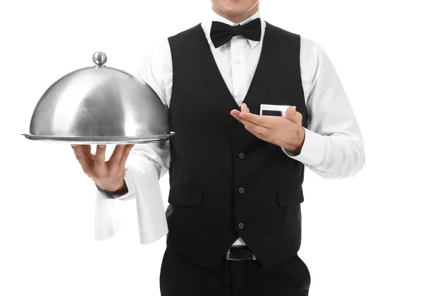Cameriere Con Vassoio Metallo Cloche Sfondo Bianco — Foto Stock