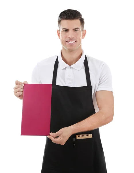 Kelner Trzymając Menu Białym Tle — Zdjęcie stockowe