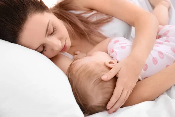 Young Mother Her Cute Baby Bed — Stock Photo, Image