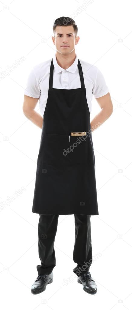 Handsome waiter posing on white background