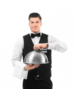 Waiter with metal tray and cloche on white background clipart