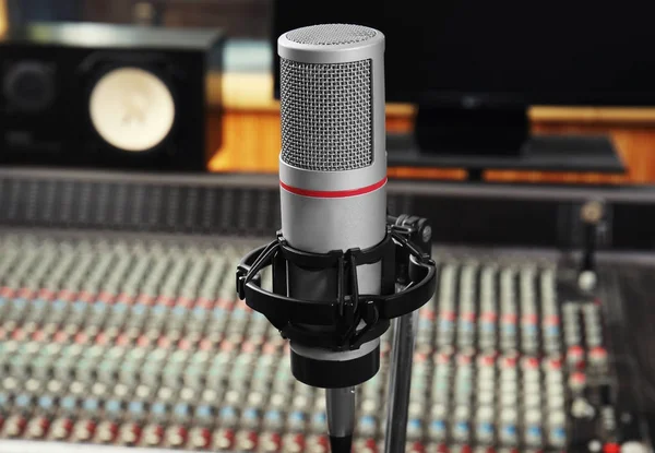 View of modern microphone in radio station, closeup