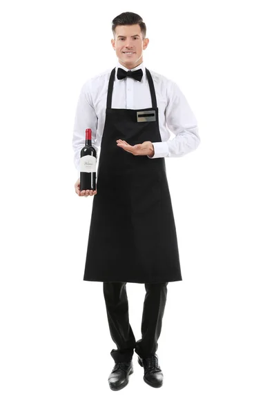 Waiter Holding Bottle Wine White Background — Stock Photo, Image