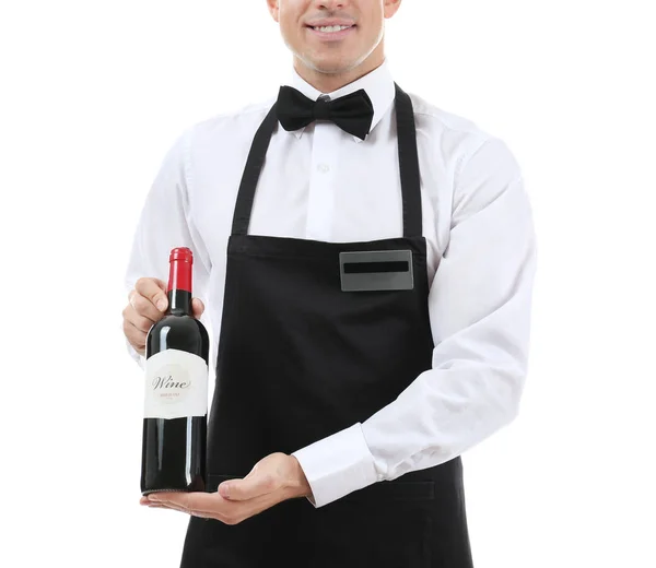Σερβιτόρος Κρατώντας Μπουκάλι Κρασί Λευκό Φόντο — Φωτογραφία Αρχείου