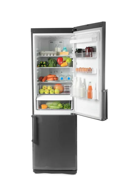 Refrigerador con productos frescos sobre fondo blanco — Foto de Stock